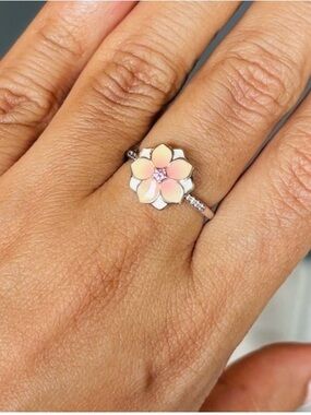 Pandora Pink Floral Enamel Ring with Sparkling Center